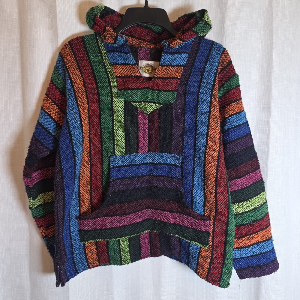 Earth Ragz Hoodie Baja Rainbow Bright-Colored Mexico-Made Unisex Poncho‎ Size S